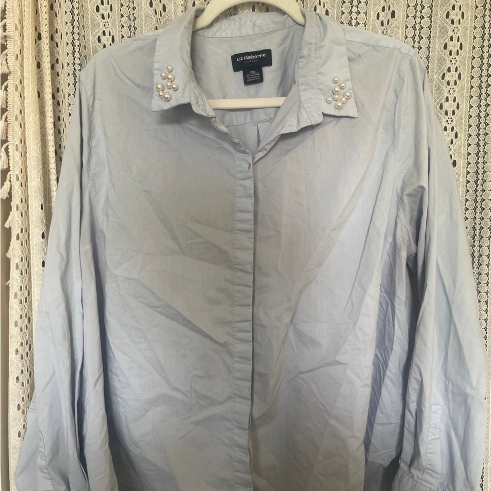 Liz Claiborne Womens Button Down Shirt Blue With Pearl Collar Size XXL